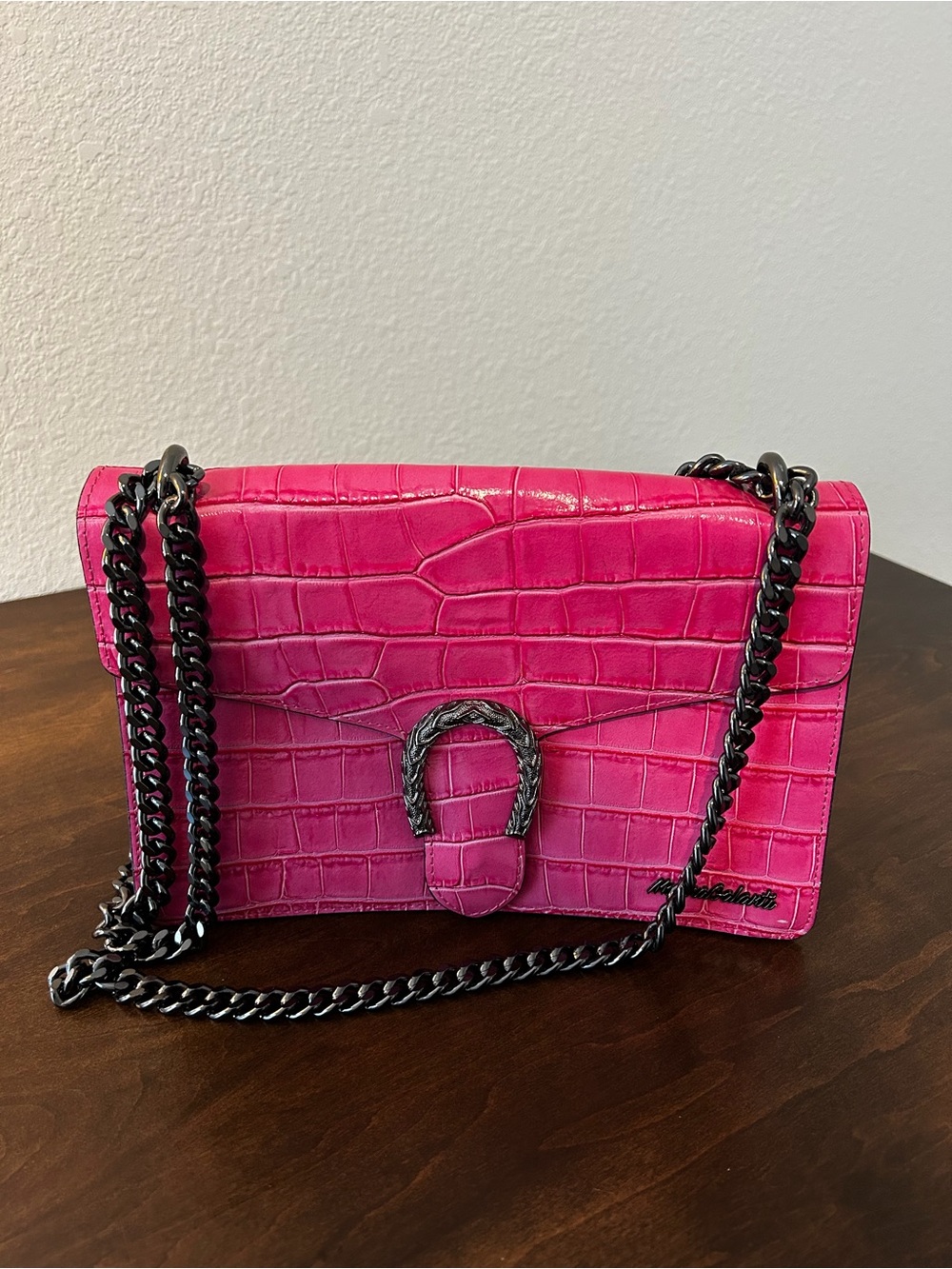 2000s Hot Pink Marina Galanti Croc-Embossed Chain Crossbody & Shoulder Bag